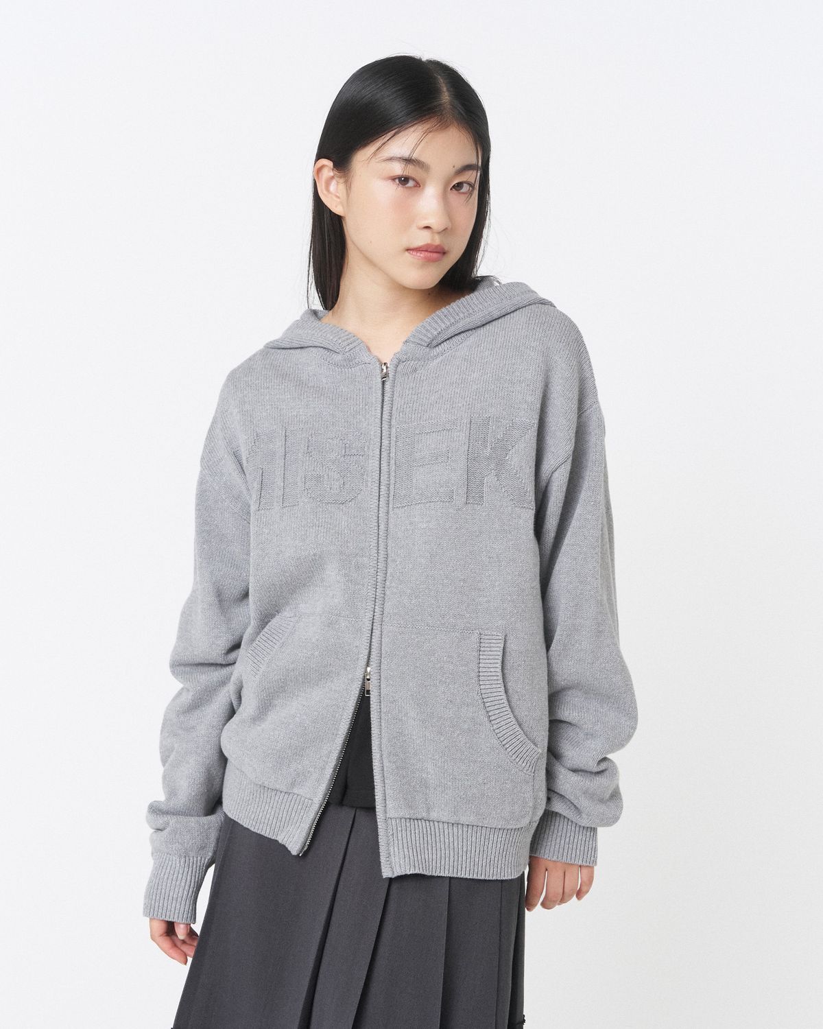 미세키서울(MISEKI SEOUL) Logo knit hoodie zip-up GREY