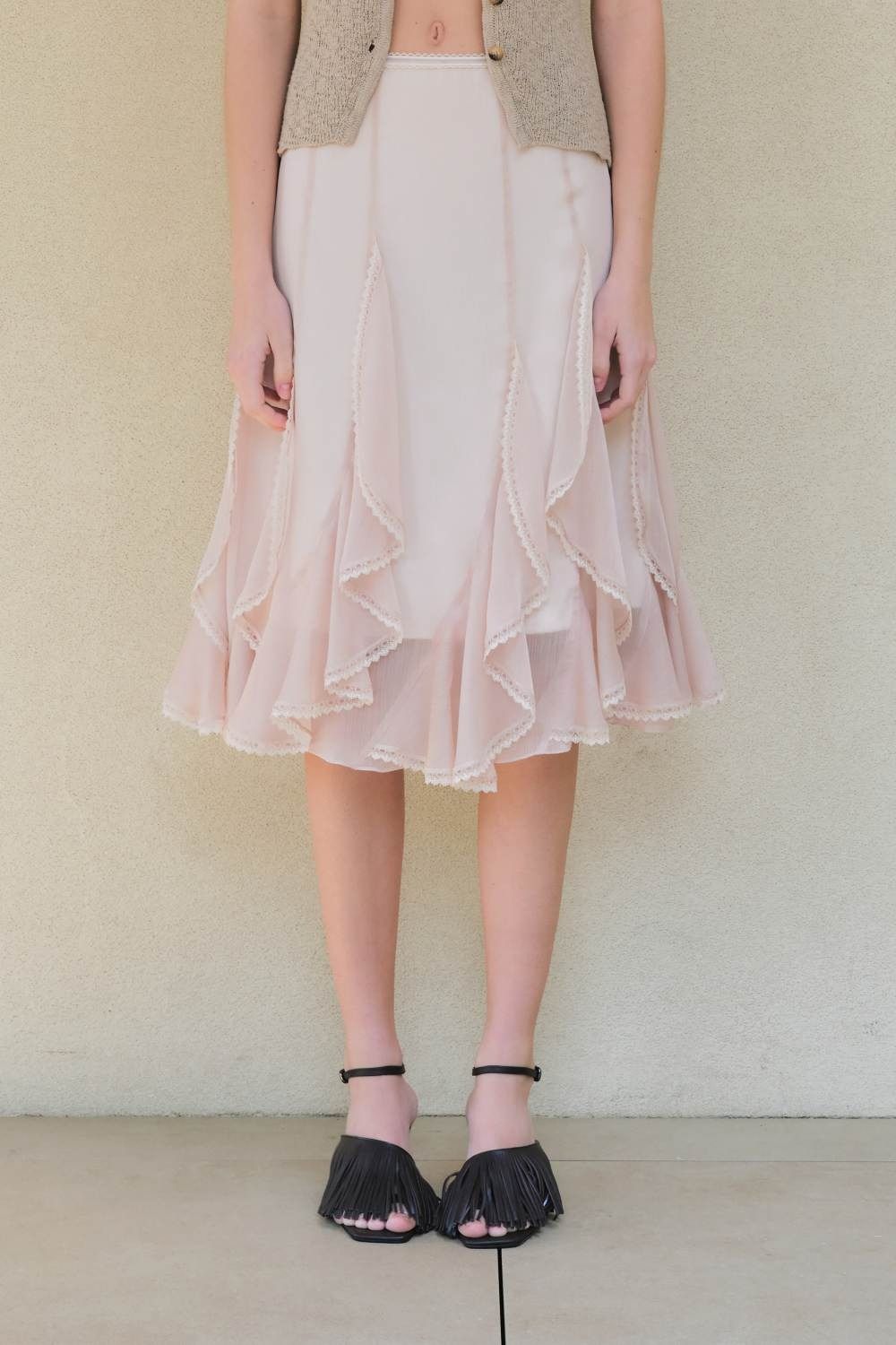 スカート KUME FRILL CHIFFON MIDI SKIRT MUSINSA公式 | KUMÉ Frill Chiffon Midi Skirt, Peach