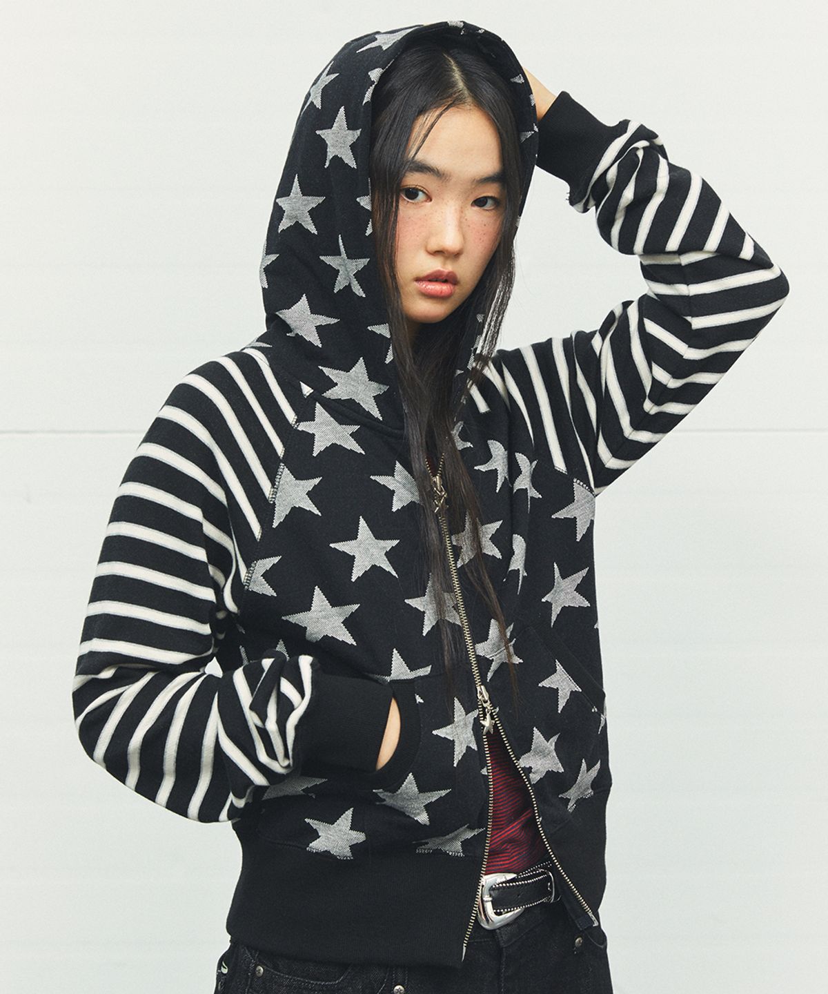 카비시(CAVISH) W RAGLAN STAR ZIP UP HOODIE BLACK(CV2FFFM482A)