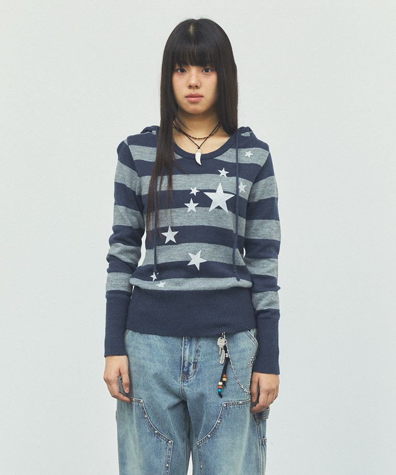 [기명, 매미pick] W U NECK STRIPED STAR KNIT HOODIE NAVY(CV2FFFK601A)