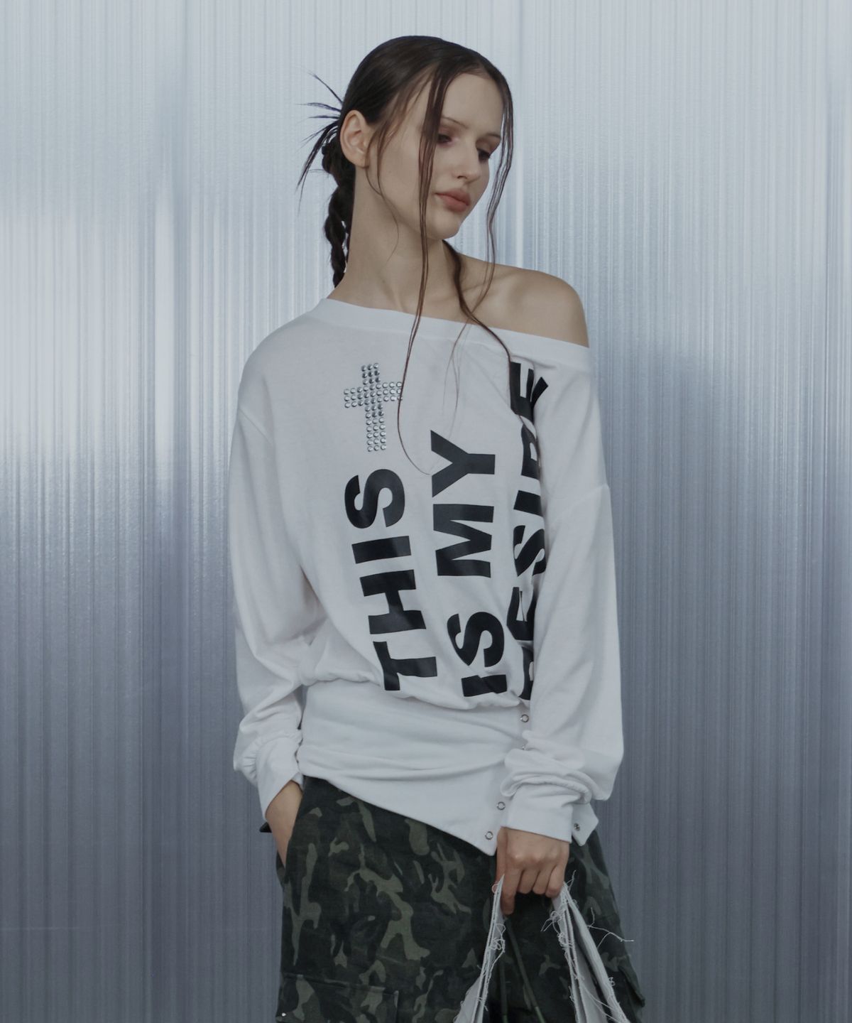 셋업이엑스이(SETUP-EXE) BOLD LETTERING LOOSE TOP / WHITE