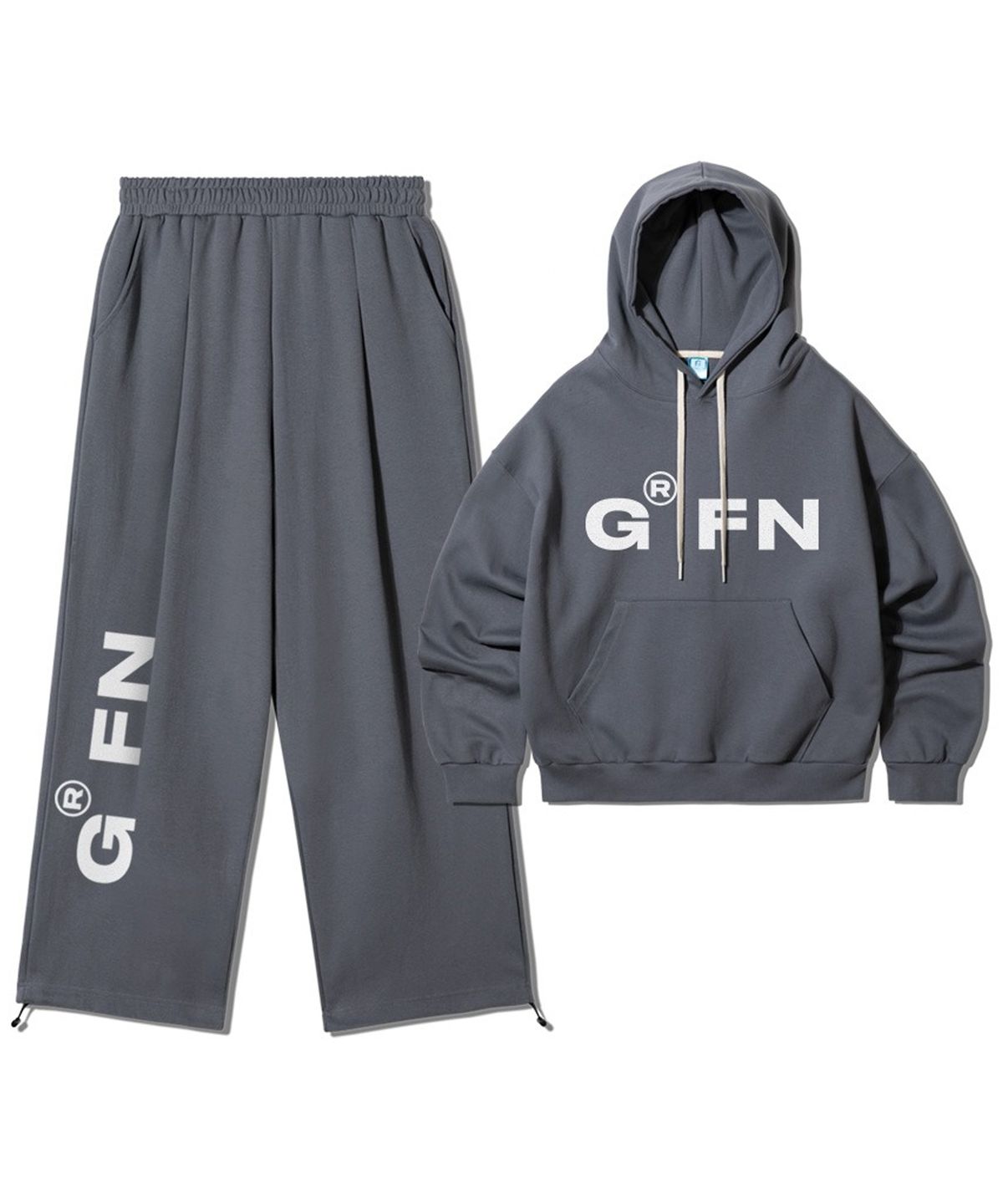 그랜피니(GRANFINNY) 오버핏 기모 볼드 로고 후디 + 원턱 스트링 트레이닝 팬츠 셋업- 그레이