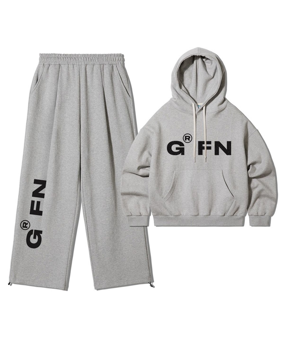 그랜피니(GRANFINNY) 오버핏 기모 볼드 로고 후디 + 원턱 스트링 트레이닝 팬츠 셋업- 멜란지