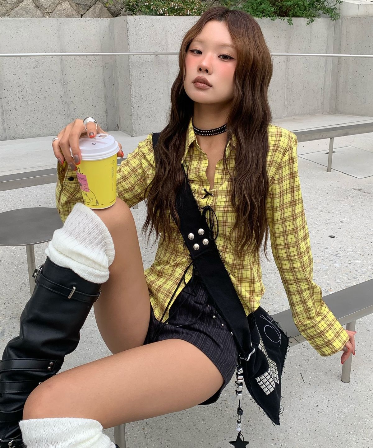 셋업이엑스이(SETUP-EXE) CHECK RACE-UP SHIRT / YELLOW