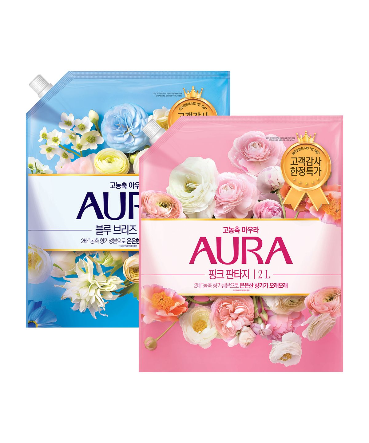 아우라(AURA) 고농축 섬유유연제 리필 2L x 2개 (핑크 판타지/블루 브리즈)