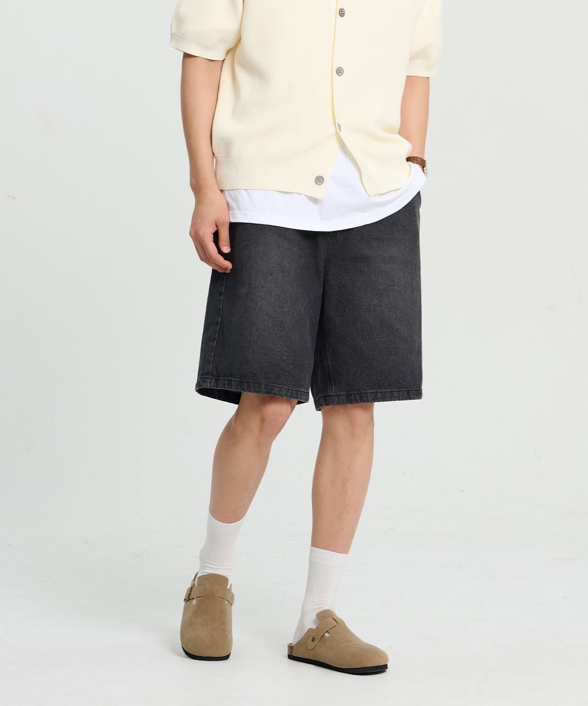 크레드먼스(CREEDMENS) 슬렌 데님 밴딩 쇼츠 (Black)