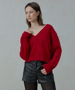 Moana Renew Wool Cropped V-Neck Knit_RED