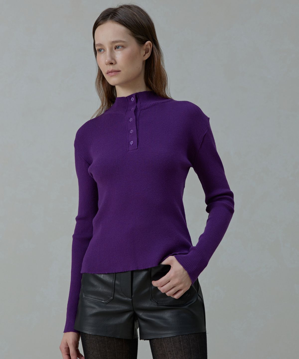아흐레(AHRE) Aera Tension-Fit Henley Rib Half-Neck Knit_PURPLE
