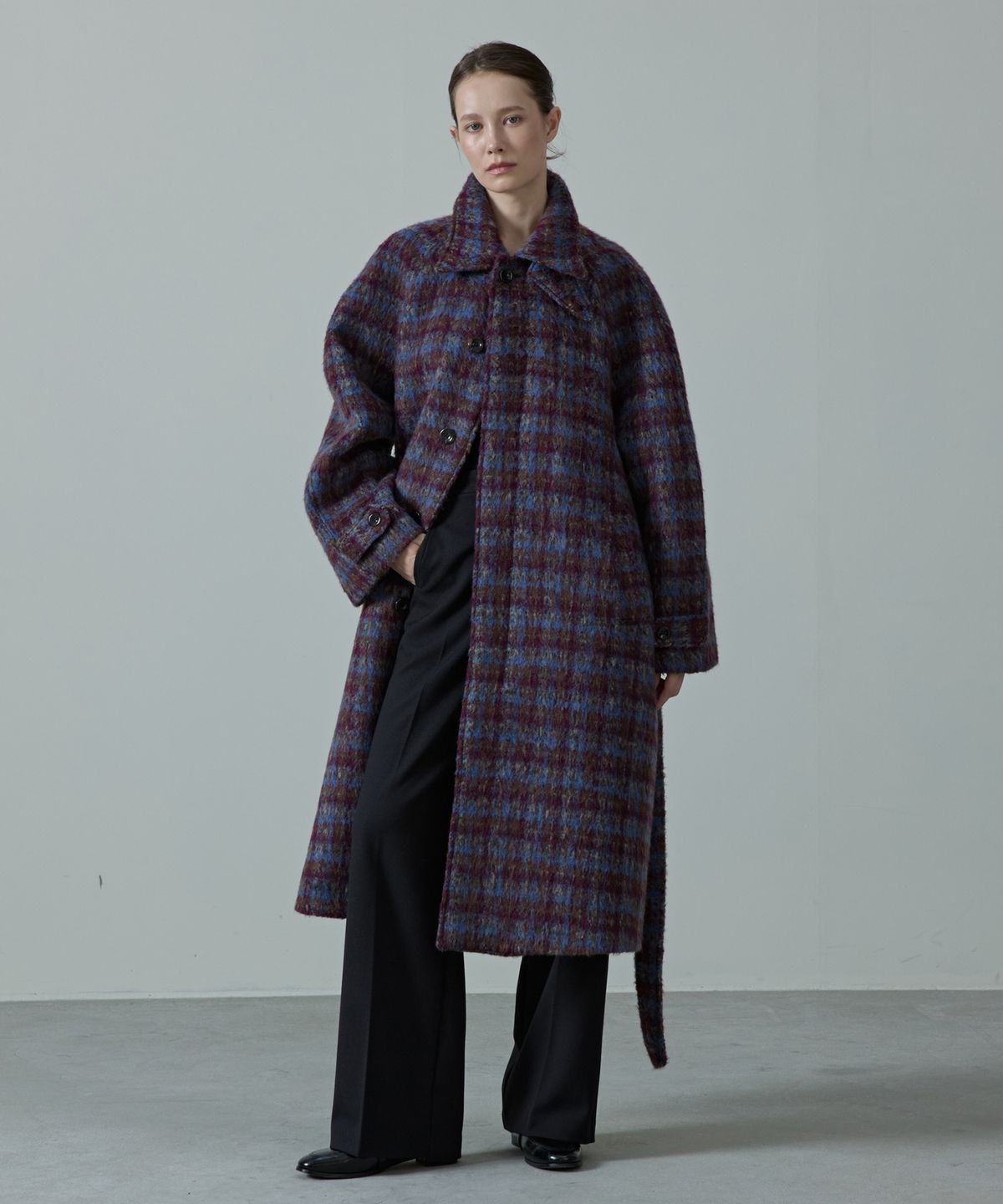 아흐레(AHRE) Dros Wool Check Belted Balmacaan Coat_PURPLE