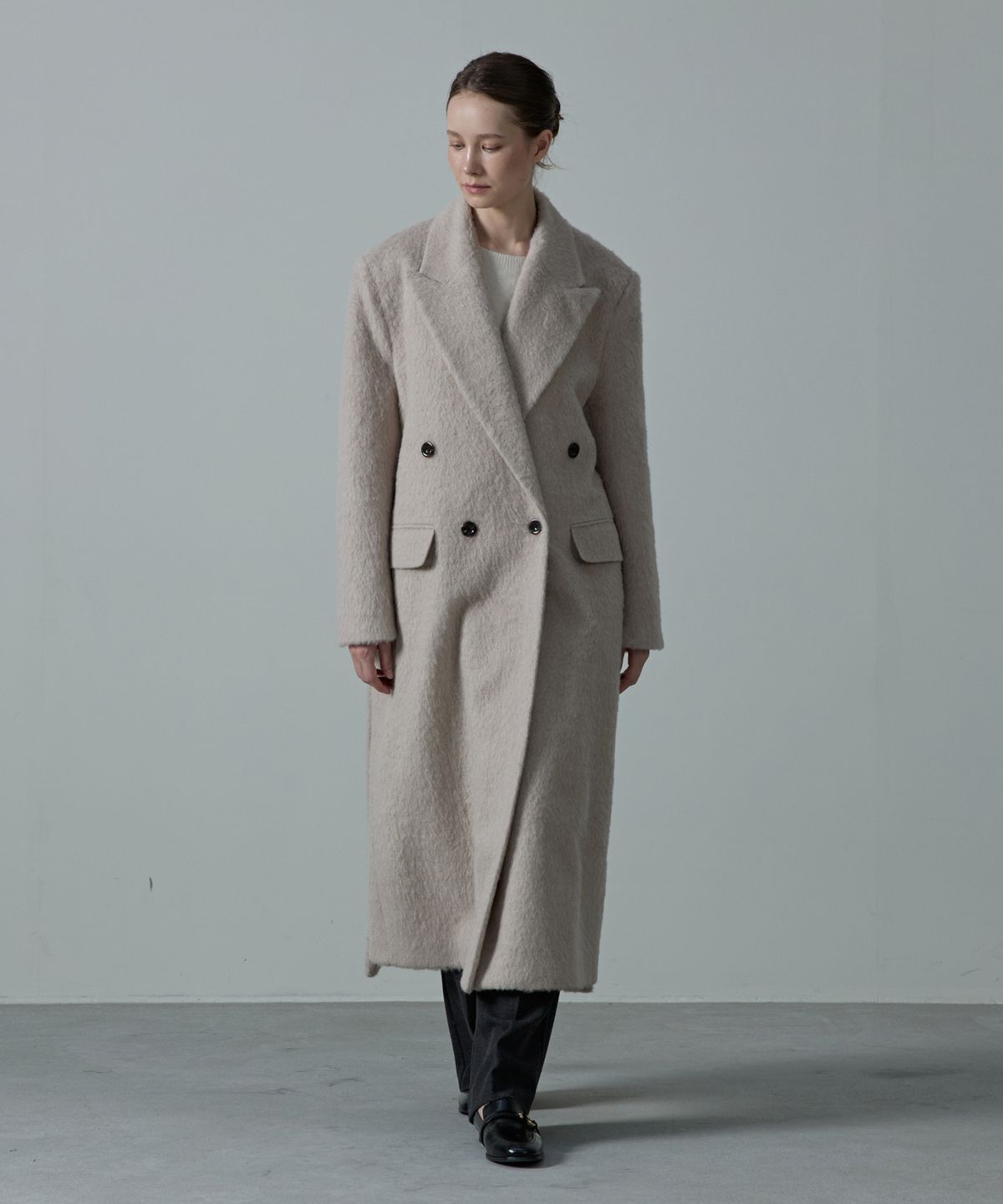 아흐레(AHRE) COVE Wool Hairy Tailored Double Belted Coat_BEIGE