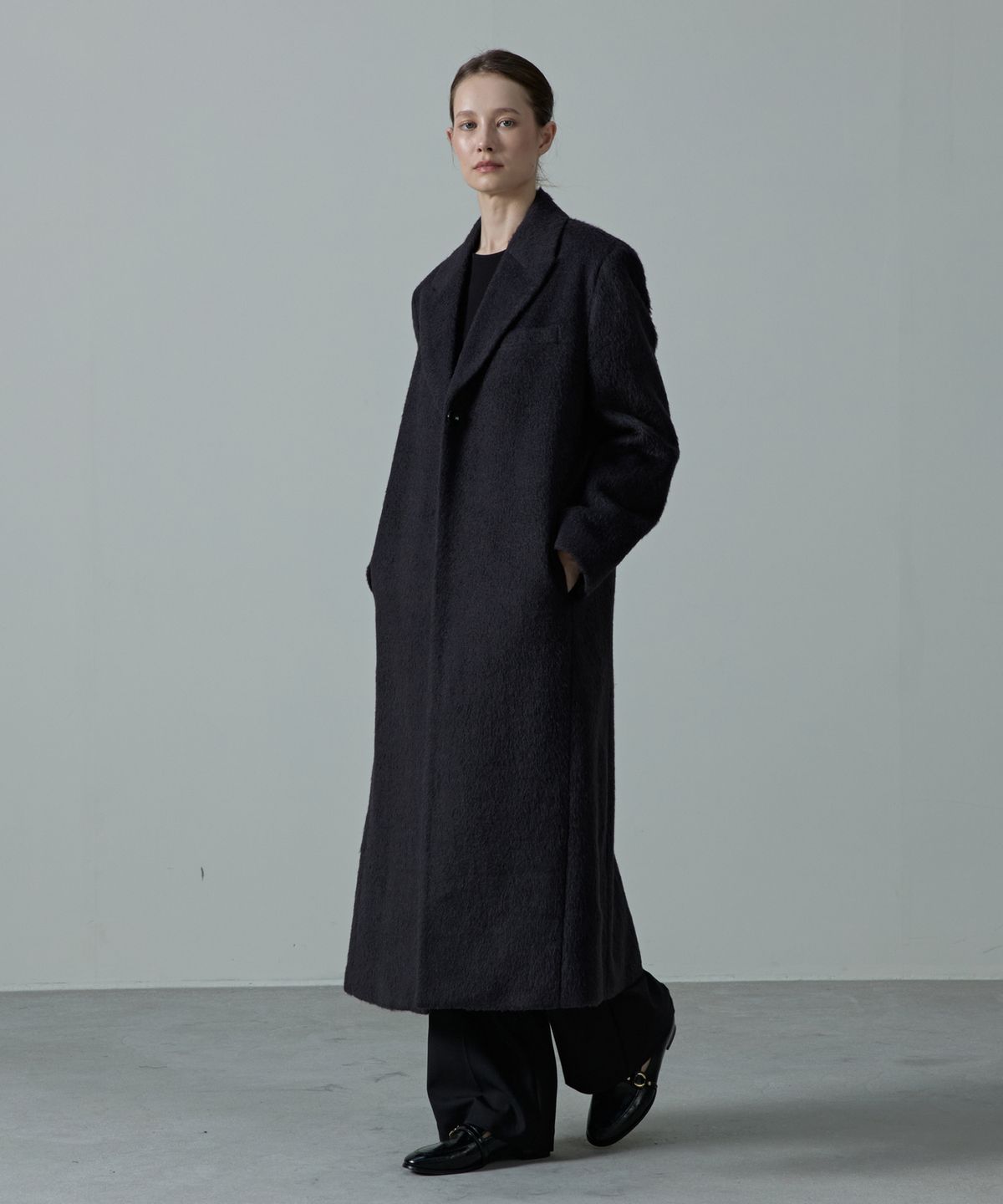 아흐레(AHRE) COVE Wool Hairy Tailored Single Coat_BLACK