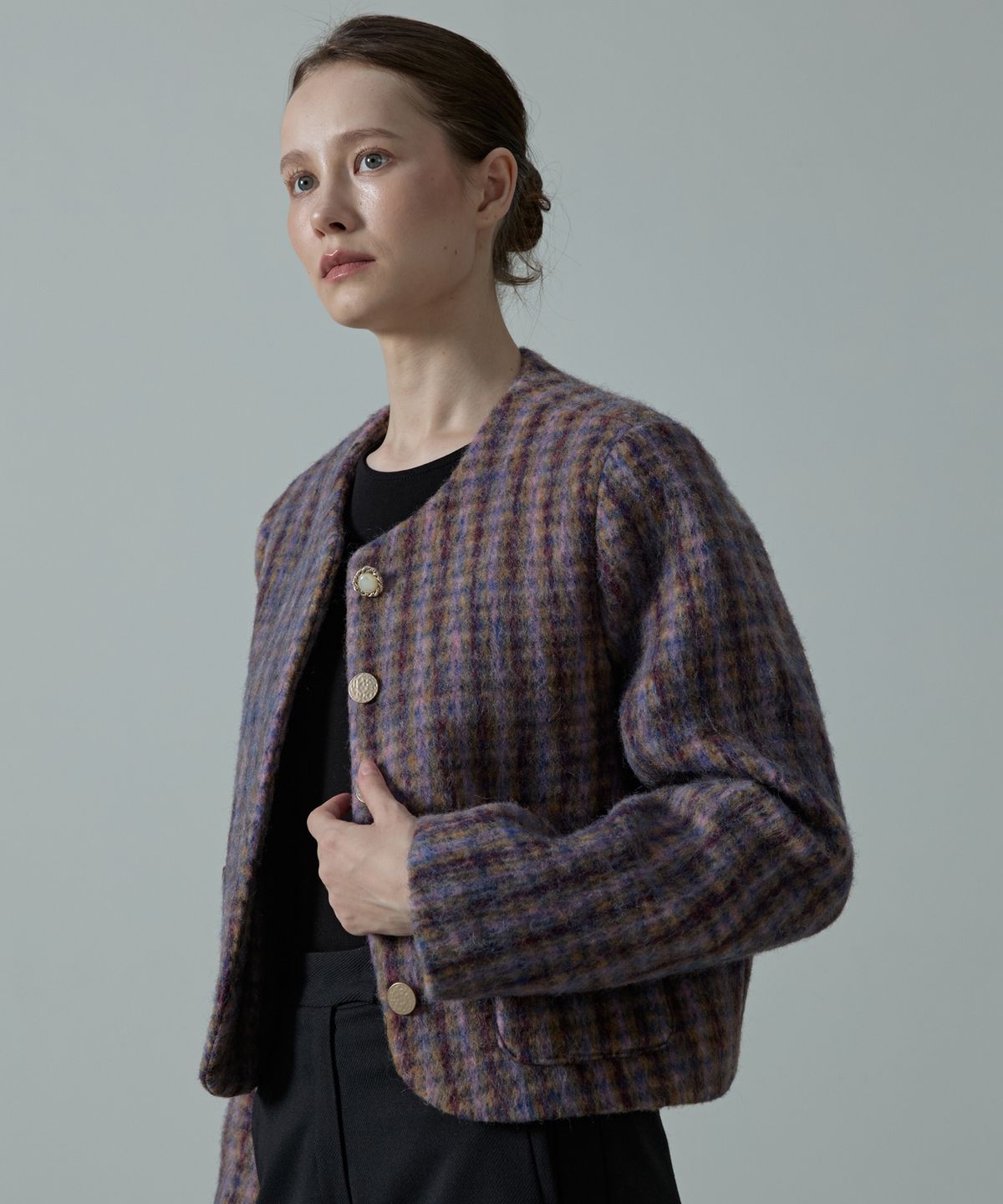 아흐레(AHRE) Florene Wool Check Button Tweed Jacket_PURPLE