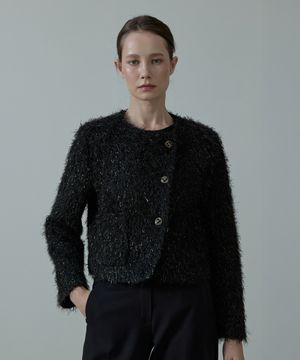Glitter Wool Metallic Pearl Tweed Button Jacket_KHAKI