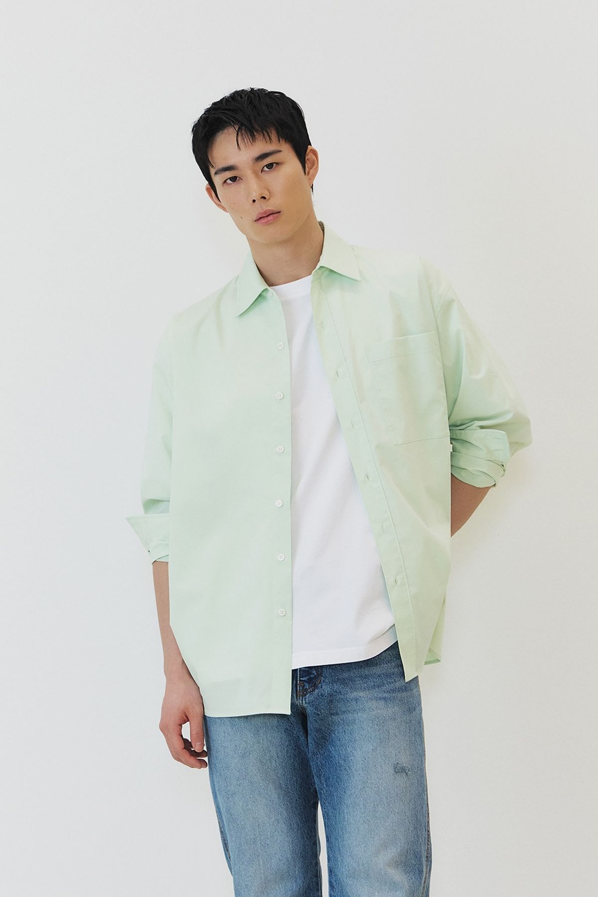 쿠메(KUMÉ) [Men] Wrinkle Free Over-Fit Shirt, Lime