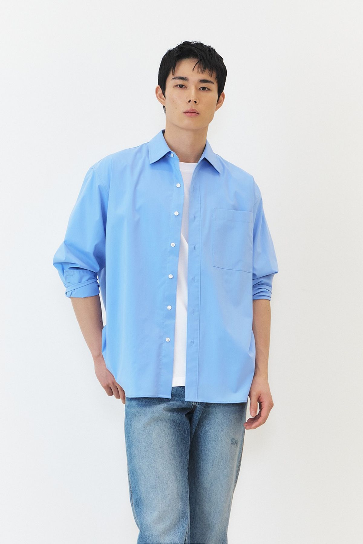 쿠메(KUMÉ) [Men] Wrinkle Free Over-Fit Shirt, Sky Blue