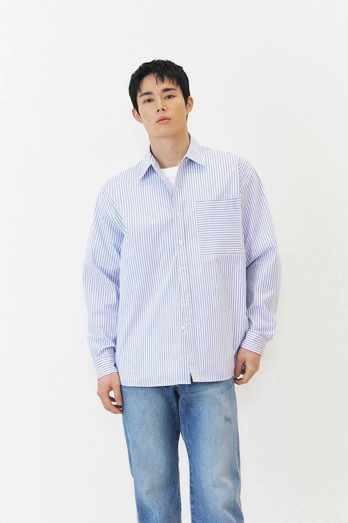 쿠메(KUMÉ) [Men] Wrinkle Free Over-Fit Shirt, Blue Stripe