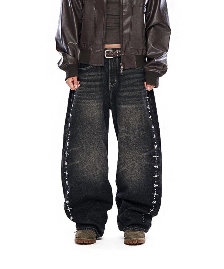 Side Rhinestone Denim Pants (Black)