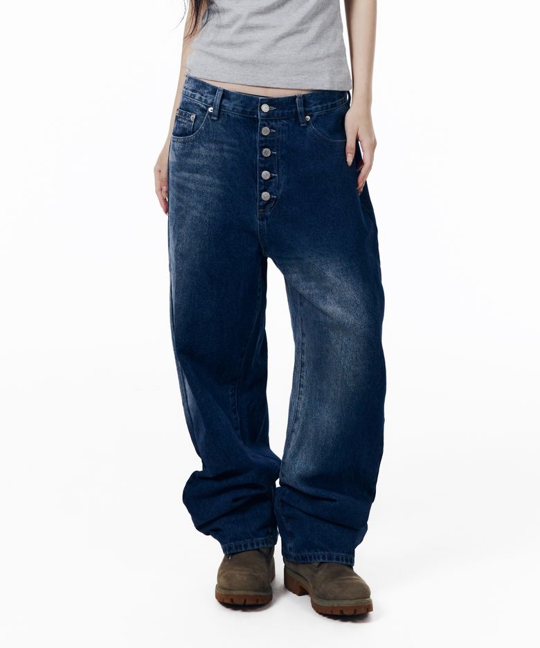 Side Washed Button Denim Pants (Blue)