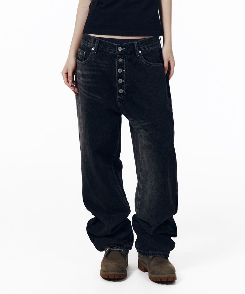 Side Washed Button Denim Pants (Black)