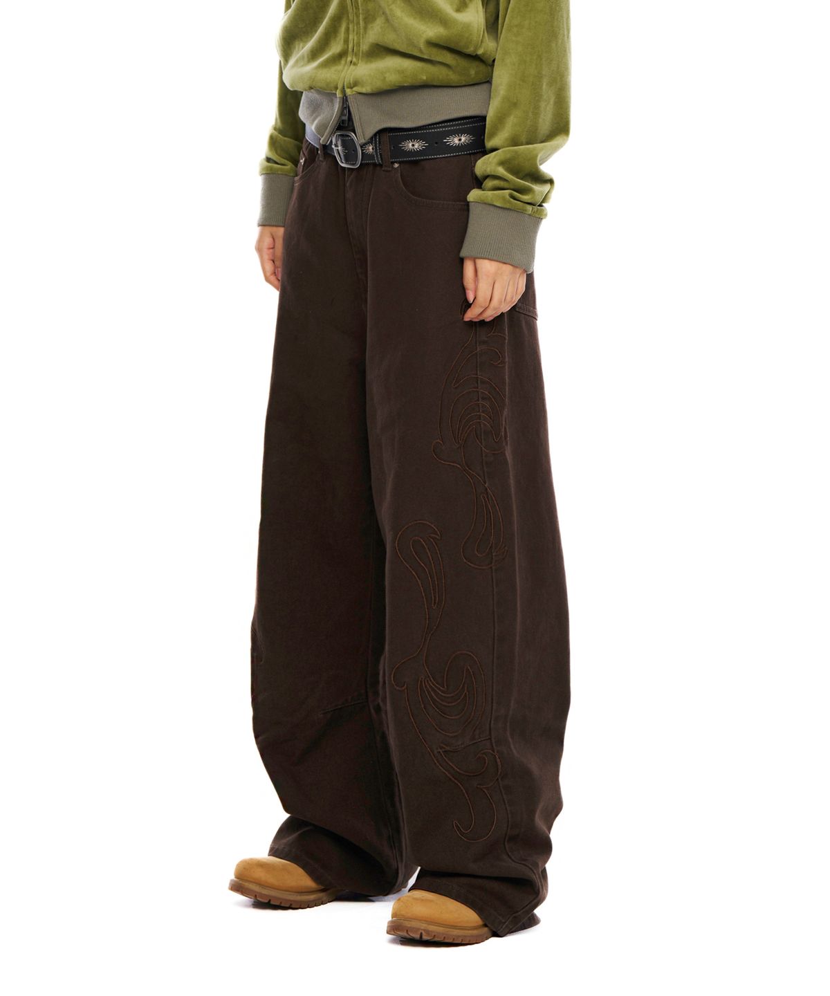 아캄(AAKAM) Needlework Wave Cotton Pants (Brown)