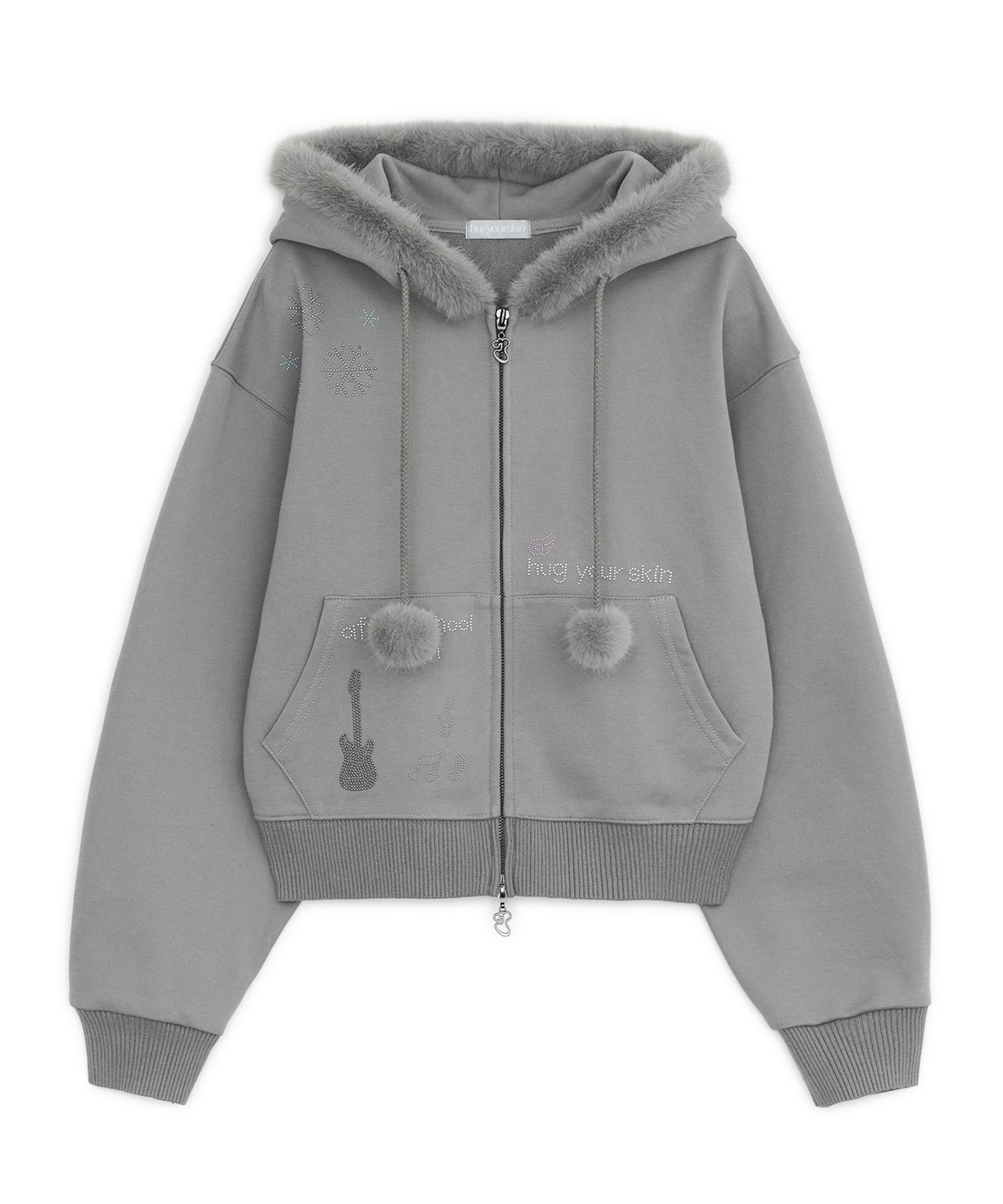 MUSINSA | HUG YOUR SKIN Hotfix fur hoodie zip-up (Gray)