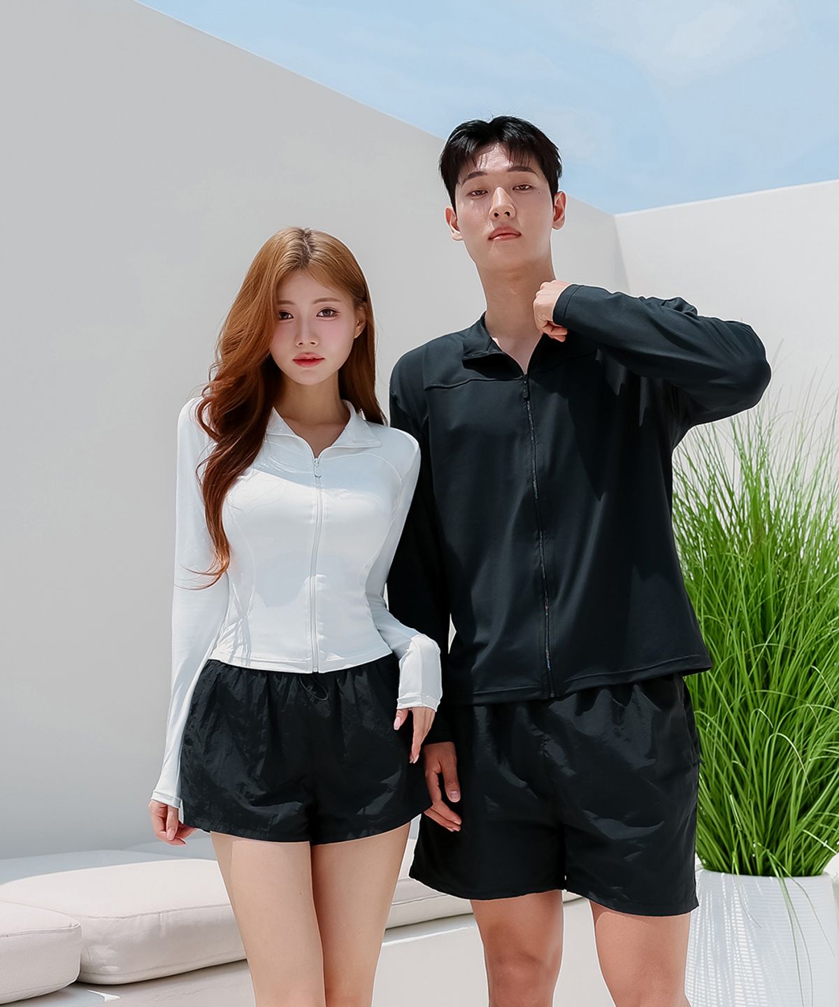 크라시앙(CRASSIANG) 컷라인 슬림핏 커플 집업 래쉬가드 상의+하의 세트