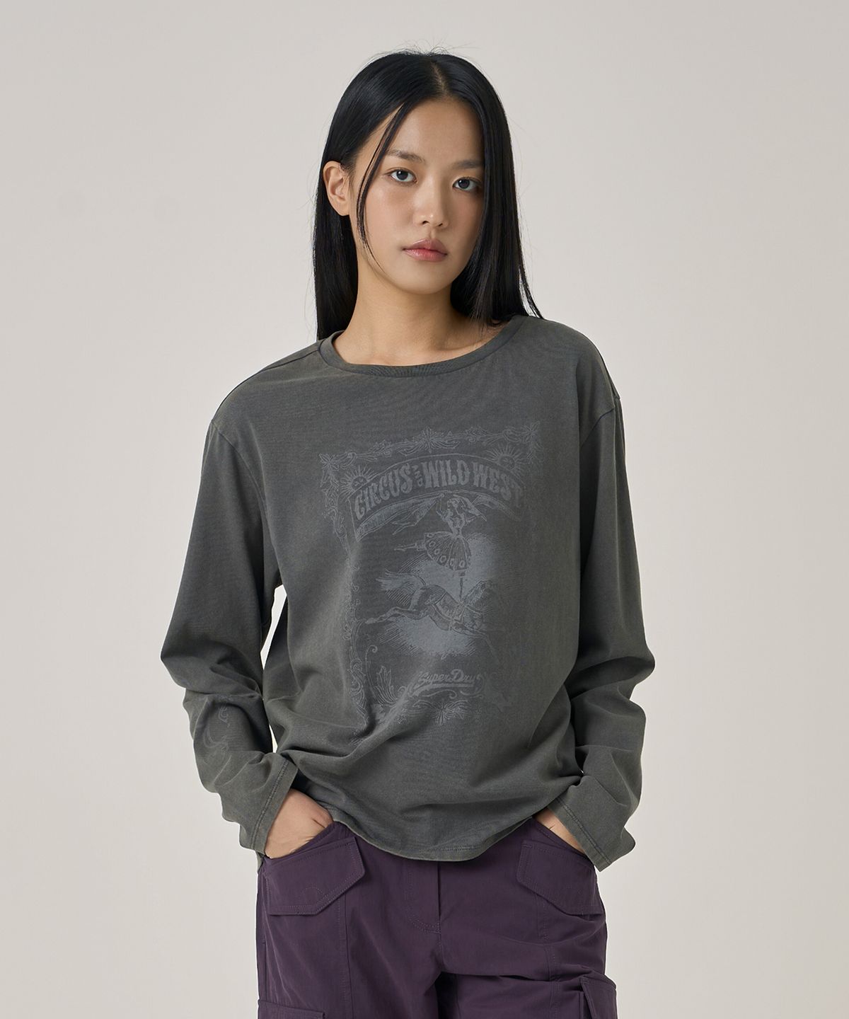 슈퍼드라이(SUPERDRY) W 빈티지 그래픽 롱슬리브 다크그레이
