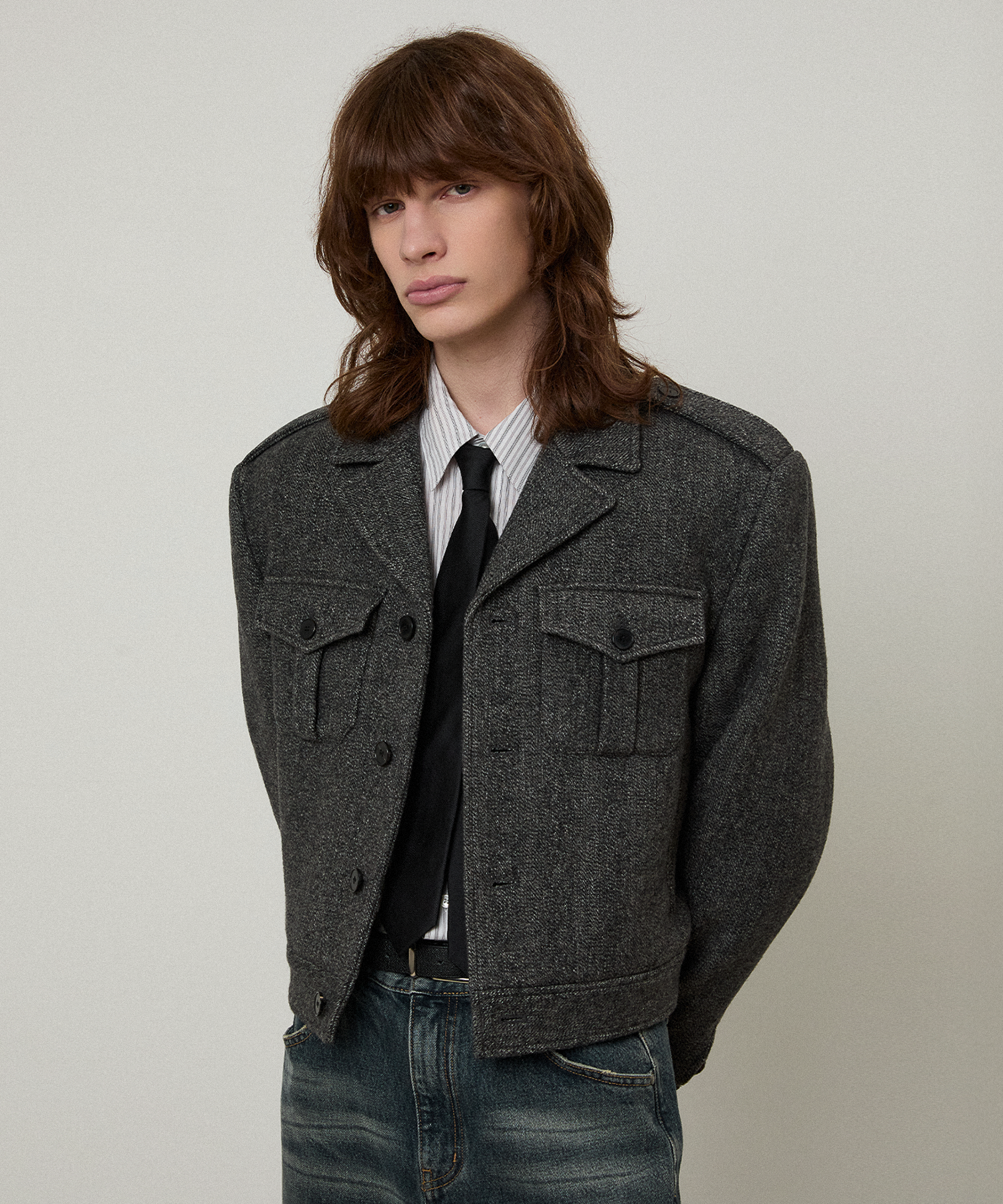 LMOOD ウールシルククロップドジャケット musinsa coor dnsr MUSINSA公式 | LMOOD サージェントウールトラッカージャケットストーン