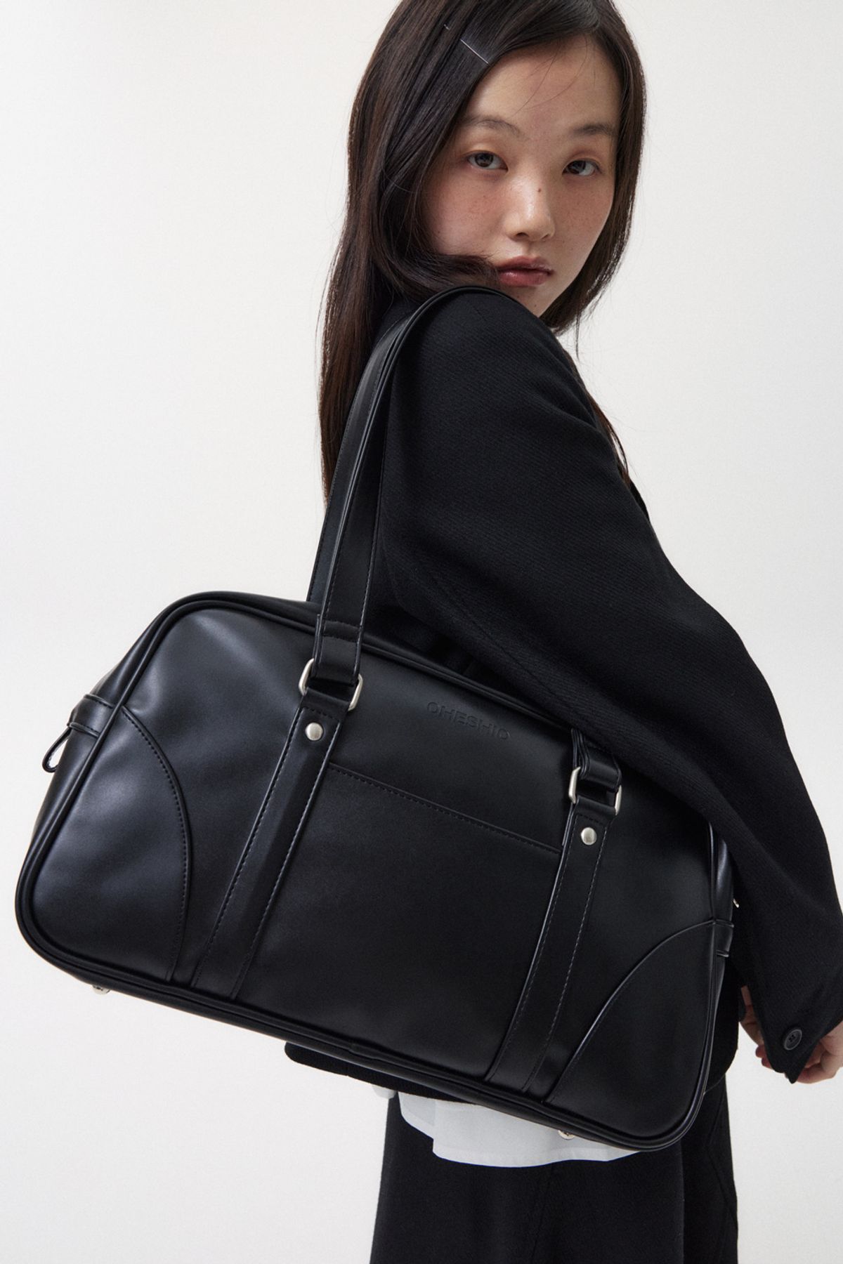 오헤시오(OHESHIO) VINTAGE SQUARE LEATHER TOTE BAG, BLACK