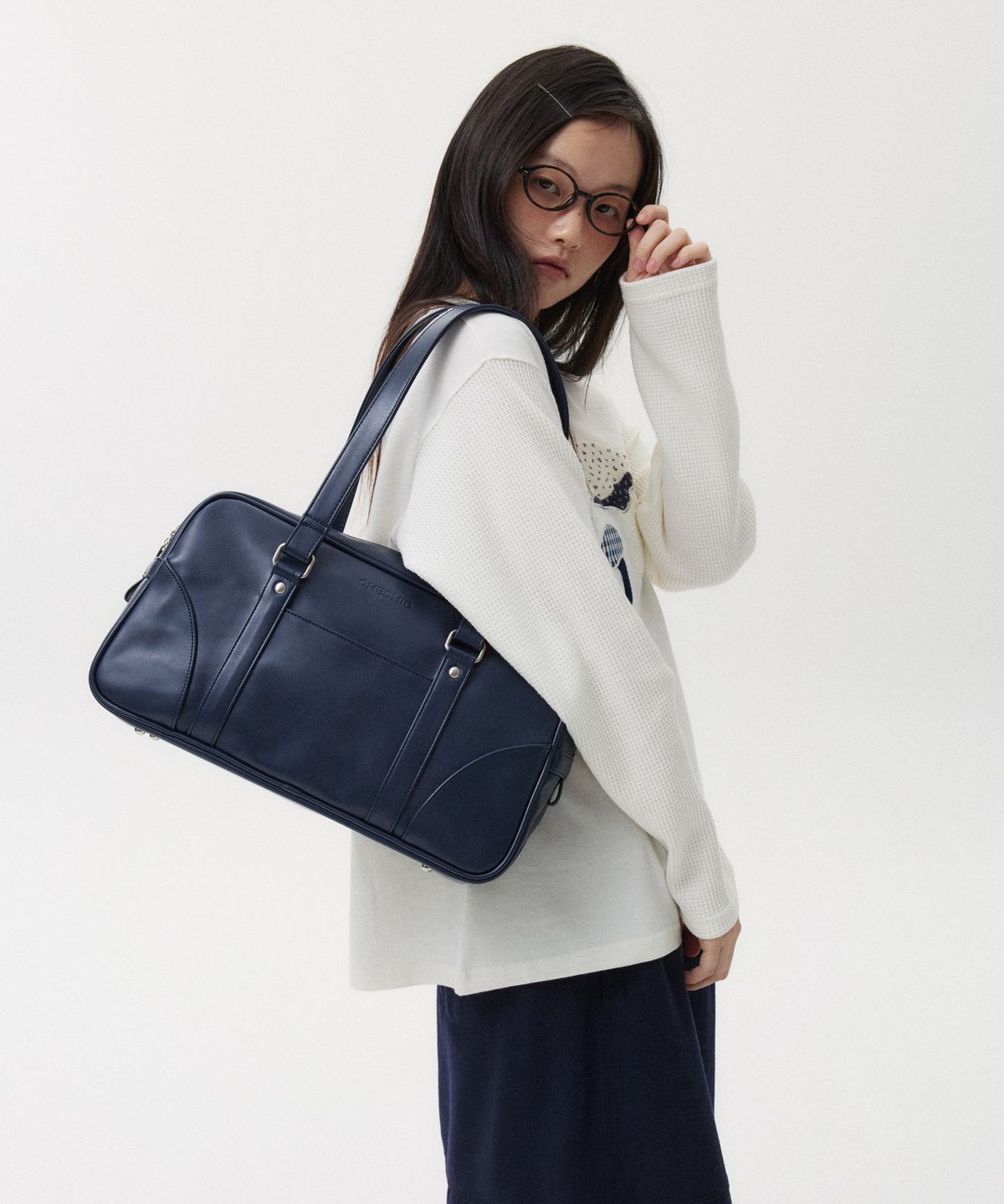 오헤시오(OHESHIO) VINTAGE SQUARE LEATHER TOTE BAG, NAVY