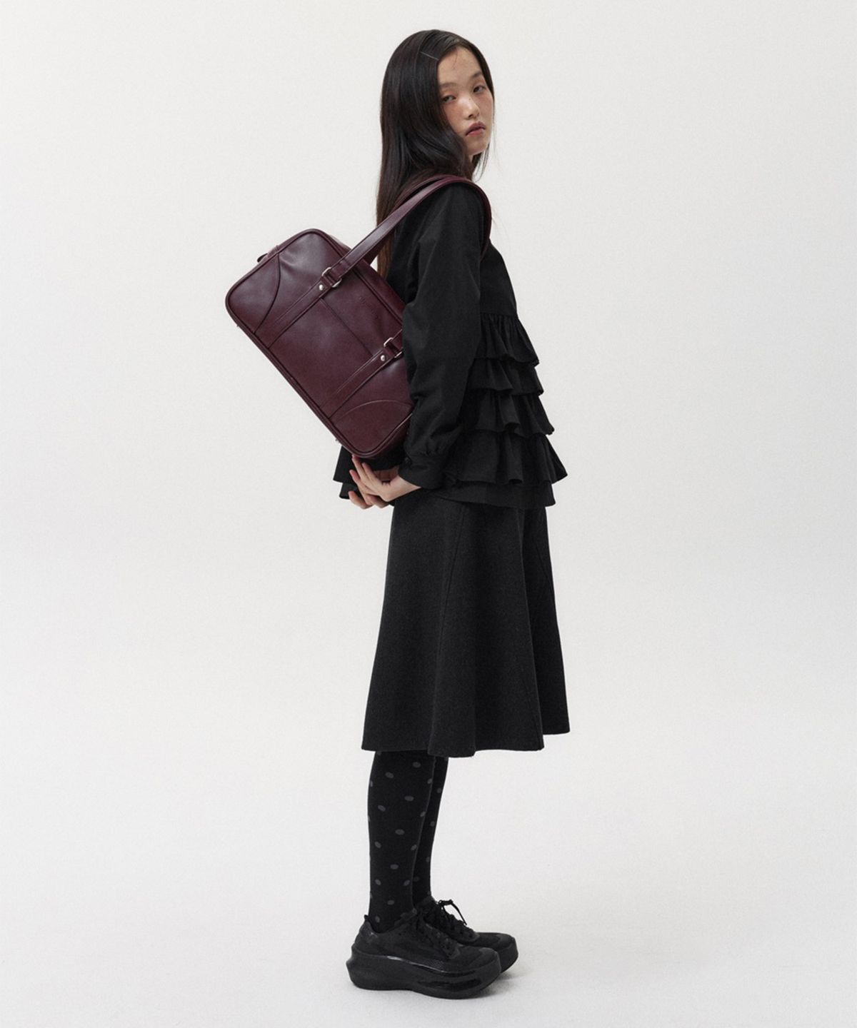 오헤시오(OHESHIO) VINTAGE SQUARE LEATHER TOTE BAG, BURGUNDY
