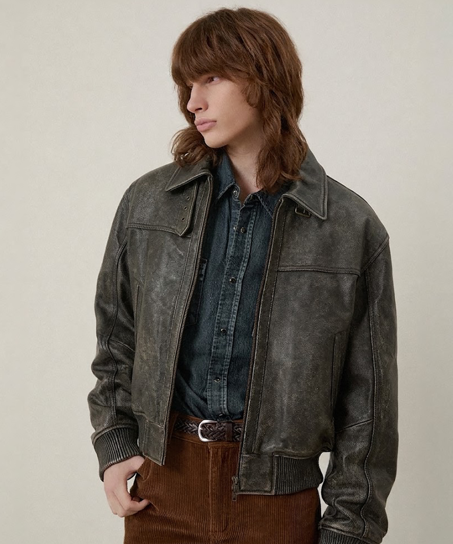 MUSINSA | LMOOD Faux Fur Collar Cow Leather Aviator Jacket Washed
