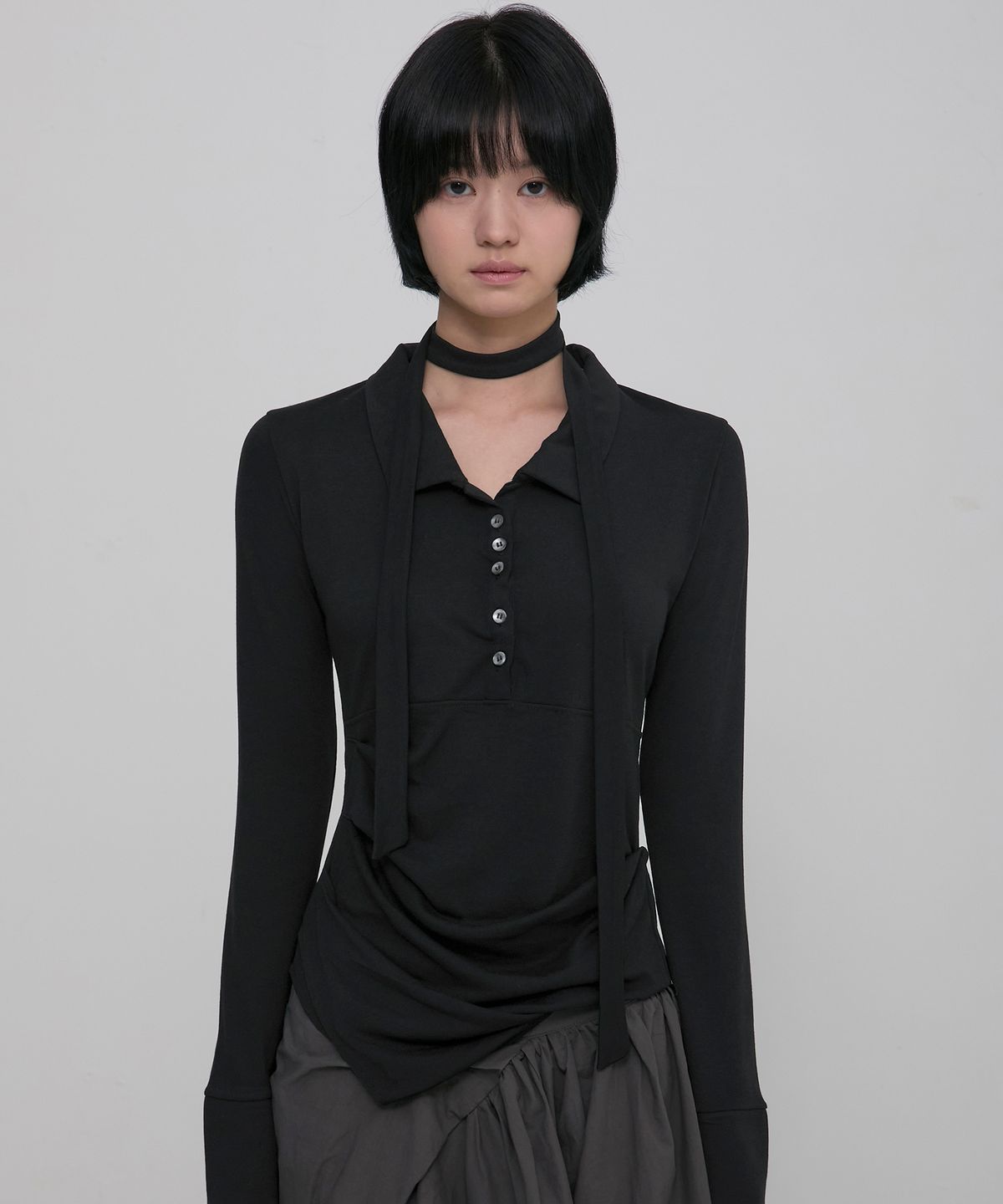 플레어업(FLAREUP) Asymmetrical Draped Shirt (FL-186_Black)
