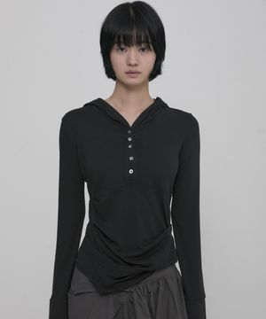 Asymmetrical Draped Hoodie (FL-187_Black)