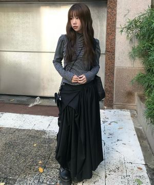 Asymmetrical Draped Layered Long Skirt (FL-256_Black)