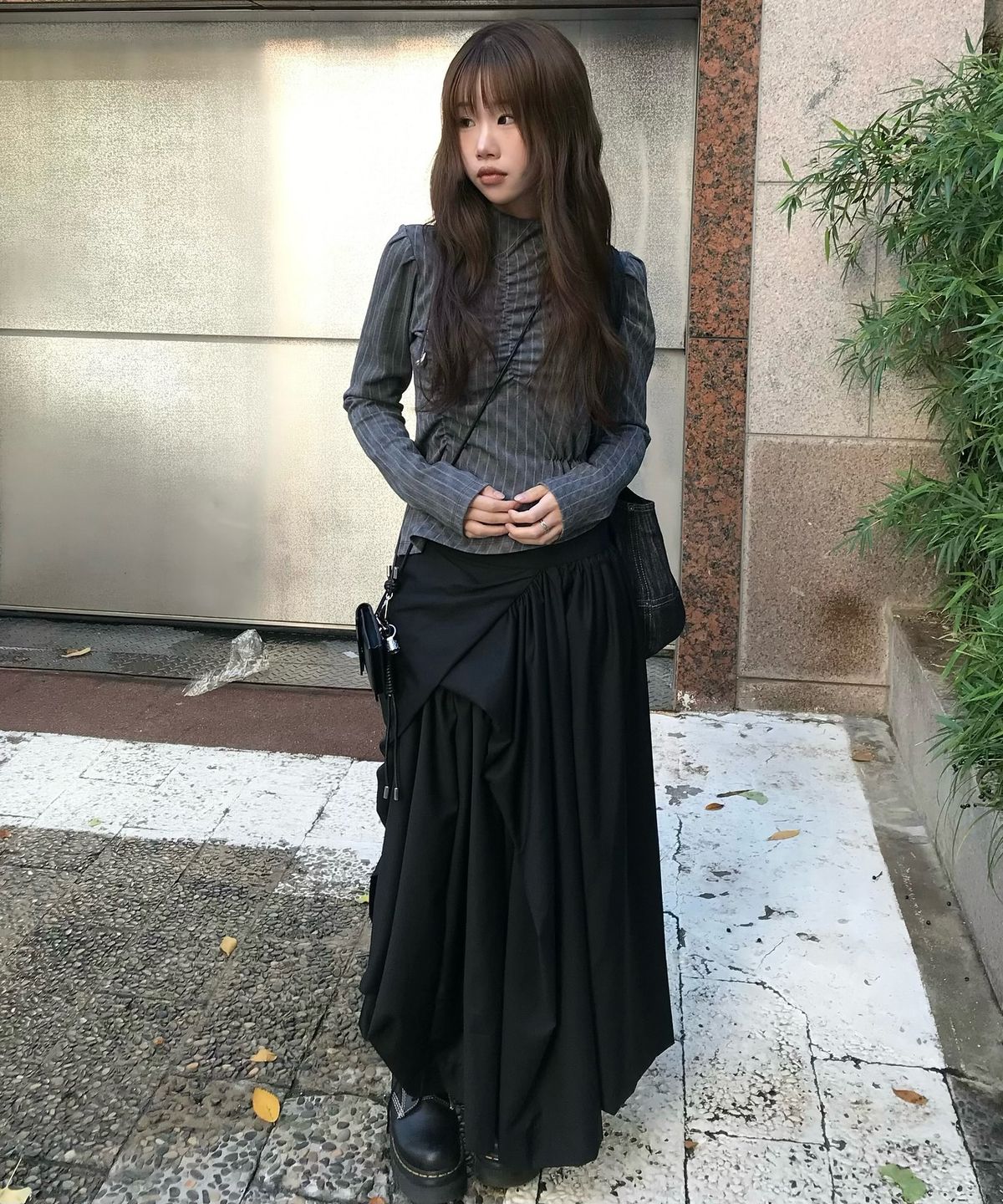 플레어업(FLAREUP) Asymmetrical Draped Layered Long Skirt (FL-256_Black)