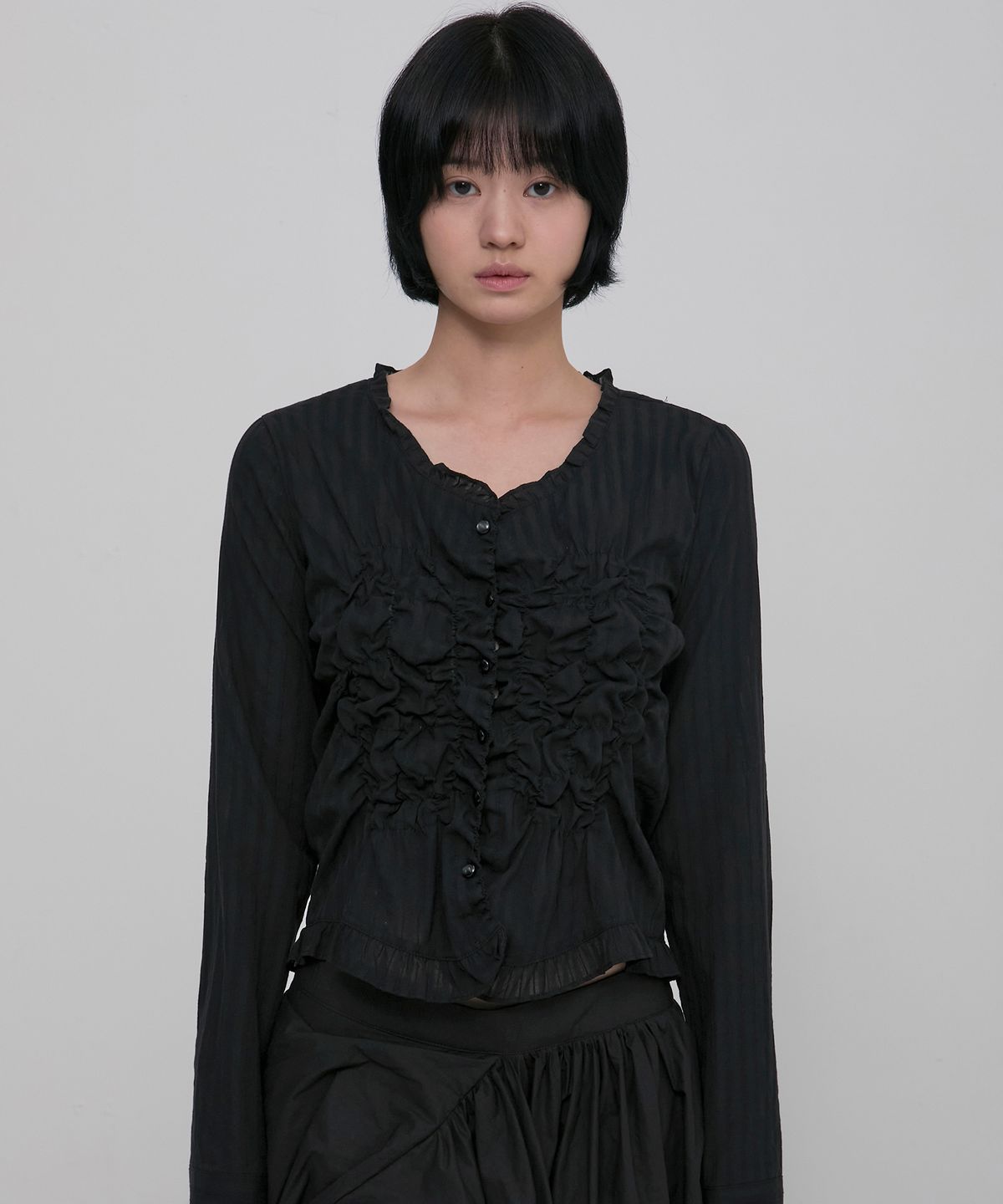 플레어업(FLAREUP) Saya Frill Puff Long Blouse (FL-190_Black)
