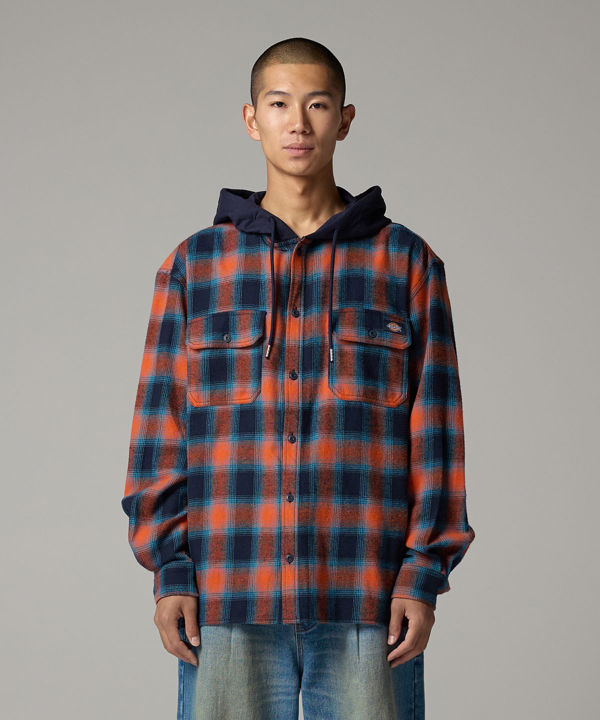 디키즈(DICKIES) 후디드 플란넬 셔츠 Orange