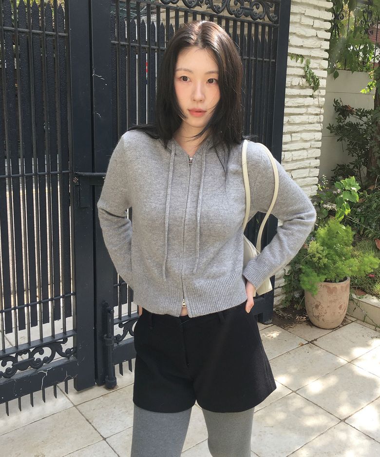 플레인 울 후디 집업 니트_그레이 / PLAIN WOOL HOODIE ZIP UP KNIT_GREY