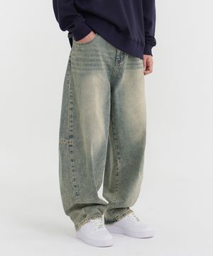 무릎 절개컷 볼륨 벌룬핏 와이드 데님 팬츠 (연청틴)