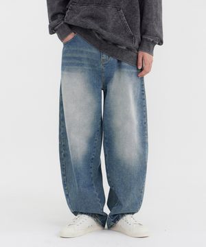 무릎 절개컷 볼륨 벌룬핏 와이드 데님 팬츠 (중청)