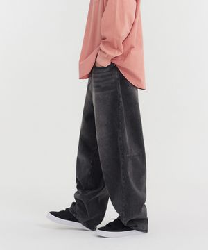 무릎 절개컷 볼륨 벌룬핏 와이드 데님 팬츠 (블랙)