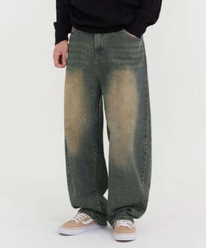 무릎 절개컷 볼륨 벌룬핏 와이드 데님 팬츠 (구제틴)