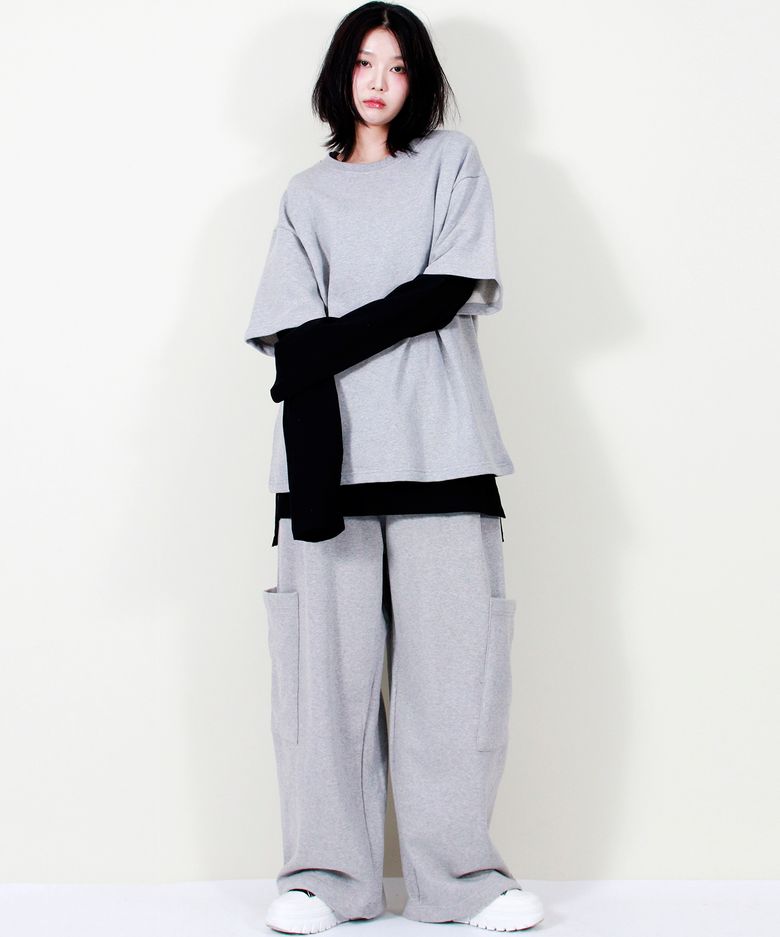 SIDE POCKET WIDE ONE-TUCK REAL STREET SWEAT PANTS GREY