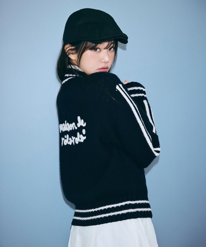 [장원영 PICK] MAISON DE ROLA EMBROIDERY WOOL BLENDED KNIT ZIP-UP BLACK