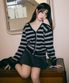 [장원영 PICK] ONE OFF SHOULDER STRIPE WOOL BLENDED CARDIGAN BLACK