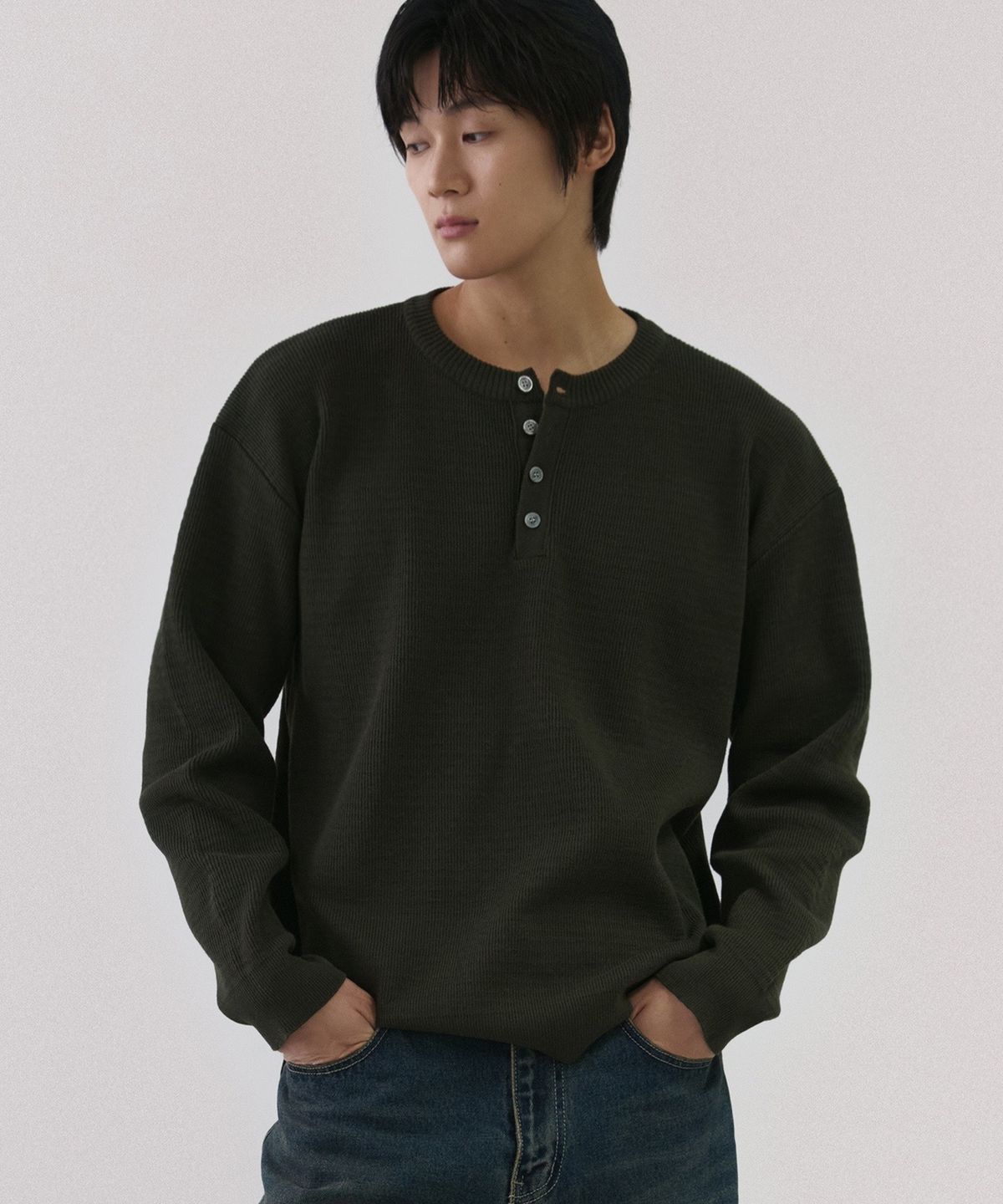 노드유(NODU) 드레인 헨리넥 니트 [카키]