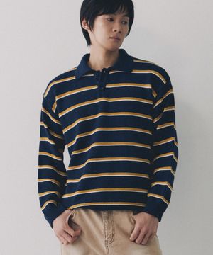 멀티 배색 카라 스트라이프 니트 티셔츠 [네이비]