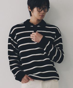 멀티 배색 카라 스트라이프 니트 티셔츠 [블랙]