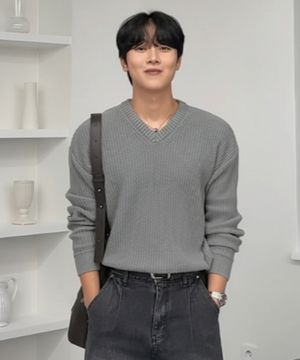 브이넥 와플 에센셜 니트 [그레이]